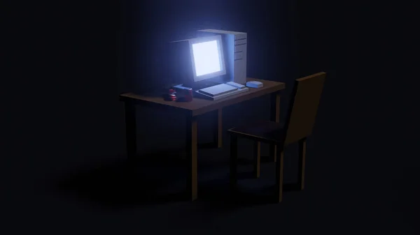 Retro Computer Old Technology Table Chair Night Low Poly Rendering — стоковое фото