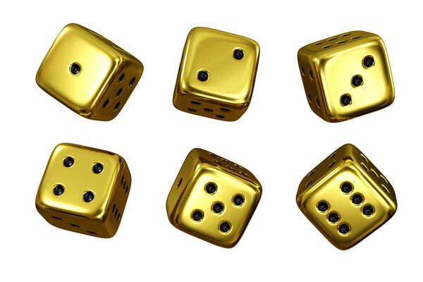 Set of 6 golden dice cubes isolated in white background. 3D rendering. Board game. Lucky number.