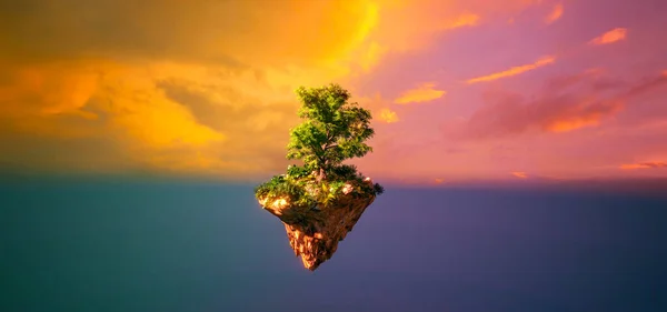 Fantasy Floating Island Forest Isolated Sunset Sky View Illustration — Stock fotografie
