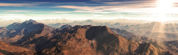Ηλιοβασίλεμα Της Πανόραμα Θεαματική Εναέρια Άποψη Των Βουνών Ακτίνες Του — Φωτογραφία Αρχείου