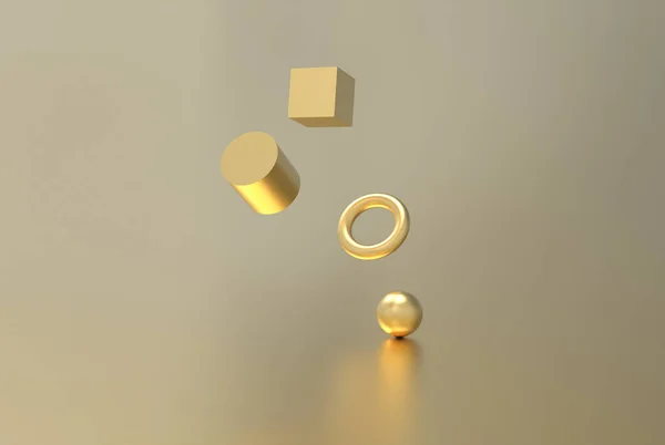 Gold geometric shape form floating 3d rendering