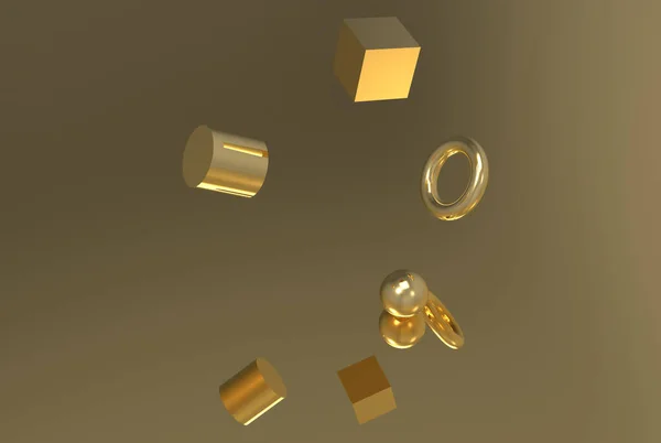 Gold Geometric Shape Form Floating Rendering — 스톡 사진