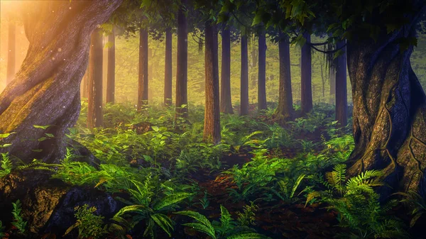 Fantasy sunset sunrise landscape at mystical tropical misty forest with tropical jungle plants. Mysterious nature and fairy tale background.  