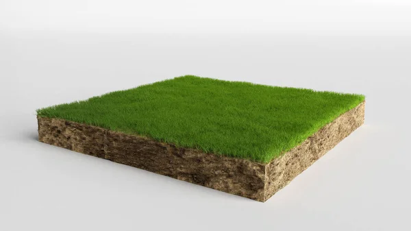 3D cubical grass land with soil geology cross section, 3D Illustration ground ecology isolated on white