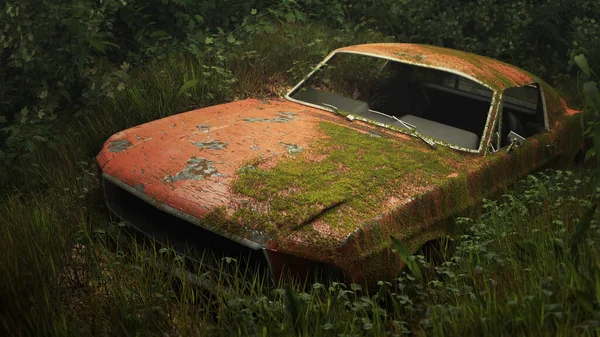 Abandoned Rusty Moss Car Graveyard Situated Forest — 스톡 사진