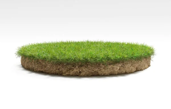 realistic 3D rendering circle cutaway terrain floor with rock isolated, 3D Illustration round soil ground cross section with earth land and green grass