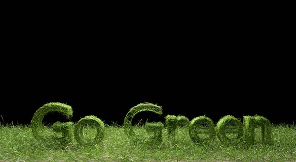 Green Word Made Green Grass Black Background Rendering — Stockfoto