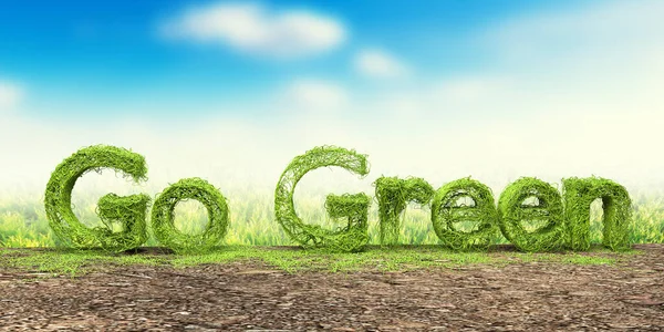 Green Slovo Vyrobené Zelené Trávy Izolované Modrém Pozadí Oblohy Vykreslování — Stock fotografie