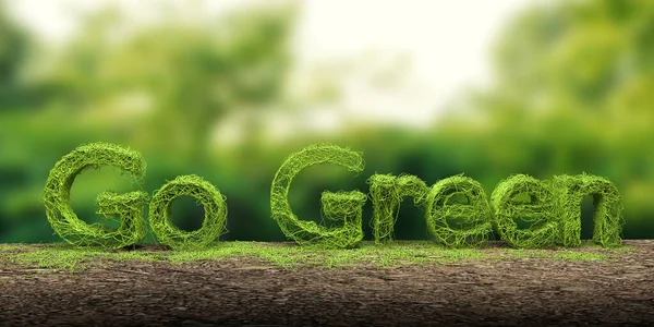 Green Word Made Green Grass Isolated Blur Green Jungle Background — Stock fotografie