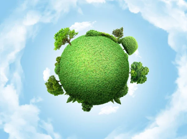 Concept Miniature Globe Showing Environment Trees Grass Cloudy Sky Background — стоковое фото