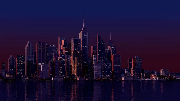 Panoramic view of skyscrapers at nignt. (3D illustration)