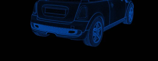 Carro Holograma Wireframe Renderização — Fotografia de Stock