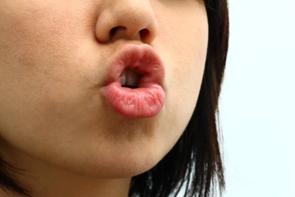 Close up mouth lips shape for pronunciation isolated on white background