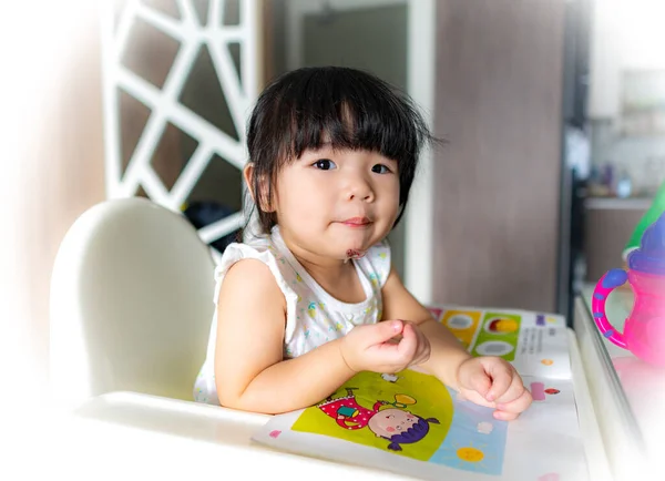 Adorable Months Baby Girl Sitting Baby Chair Reading Book Home — Photo