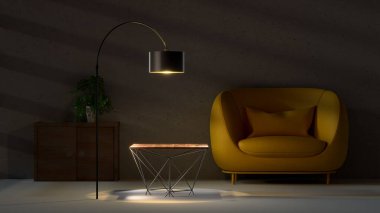 Sehpalı parlak sarı sandalye ve lamba. Klasik iç mekan, fotokopi alanı, modaya uygun iç tasarım. 3 Boyutlu Hazırlama.