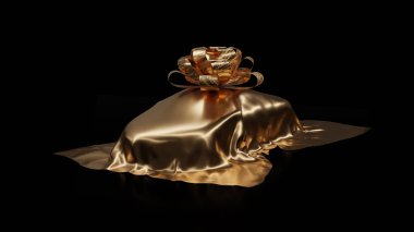 Parlak altın bir bezin altında bir araba sunumu. Araç pürüzsüz kumaşla kaplı. Siyah bir arka planda izole edilmiş. 3d hazırlayıcı.