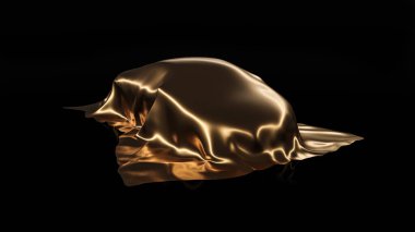 Parlak altın bir bezin altında bir araba sunumu. Araç pürüzsüz kumaşla kaplı. Siyah bir arka planda izole edilmiş. Gerçekçi 3D canlandırma.