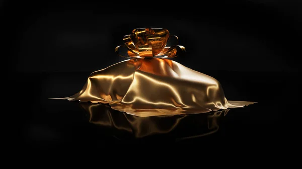 Expensive car gift covered by gold shiny fabric with bow-knot isolated on a black background. Luxury surprise item concept. 3D render.