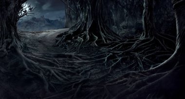 creepy trees with twisted roots in the night jungle forest. Scary concept. clipart