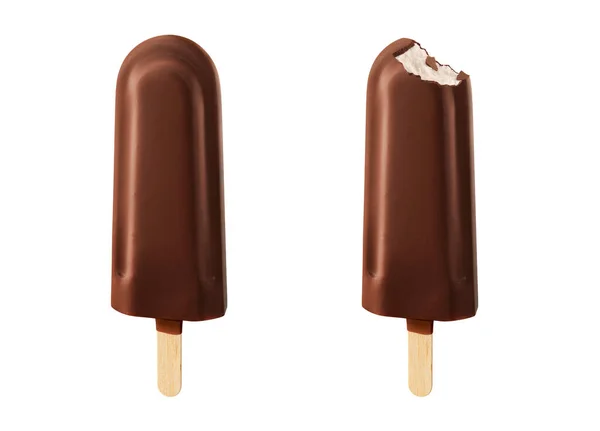 白い背景に隔離されたチョコレートで覆われた2つのアイスクリームのセット 1つはかまれた — ストック写真
