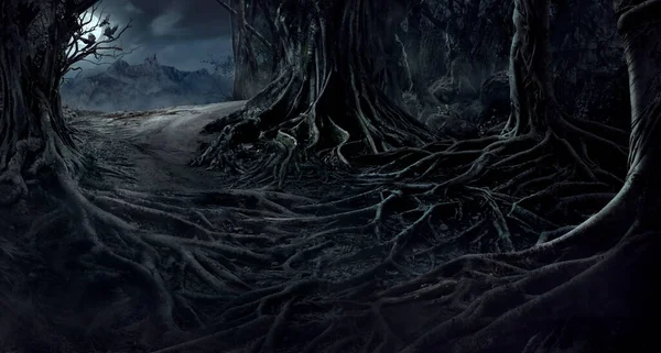 Strašidelné Stromy Pokroucenými Kořeny Nočním Pralesním Lese Děsivý Koncept — Stock fotografie