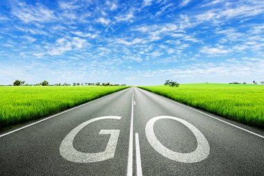 Asphalt yolu mavi bulutlu gökyüzünün altında yolda GO yazılı. Hedefe gitme konsepti