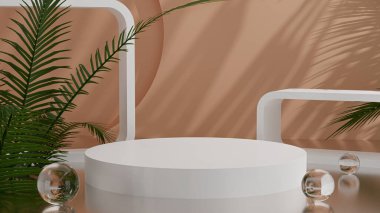 Lüks beyaz podyum, turuncu arka planda yeşil yapraklı silindir podyum. Promosyon satışı, afiş, sunum, kozmetik. 3B görüntüleme. 