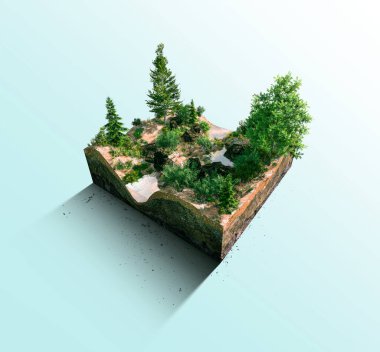 3 boyutlu doğal yağmur ormanları arazisi. Yeşil ormanın 3 boyutlu görüntüsü bir parça arazi üzerinde izole edilmiş..