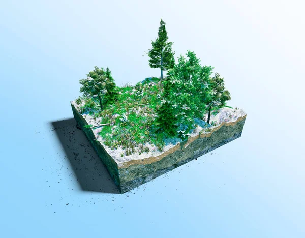 Vykreslování Úseku Vyříznutého Zasněženého Zeleného Lesního Ostrova Izolované Modrém Pozadí — Stock fotografie