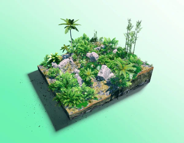 断面のビーチにヤシの木や竹の木と緑の牧草地と熱帯の島の作品 マイクロワールド 3Dレンダリング — ストック写真