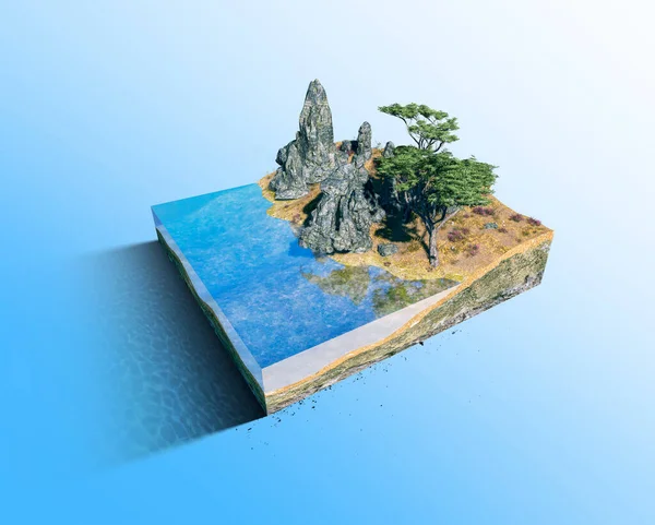 Tropická Pevnina Kus Zelených Stromů Moře Průřez Vykreslením Mikrosvět — Stock fotografie