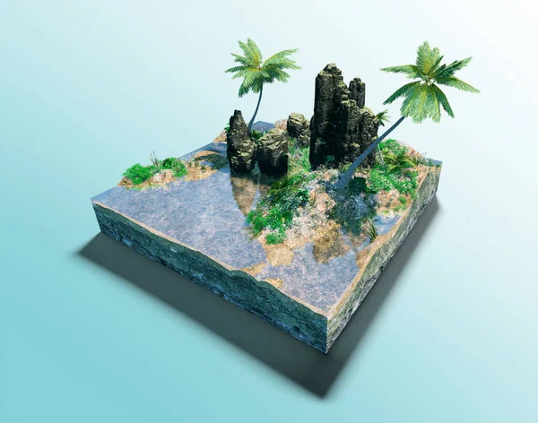 断面のビーチに水 ヤシの木と熱帯の島の作品 マイクロワールド 3Dレンダリング — ストック写真