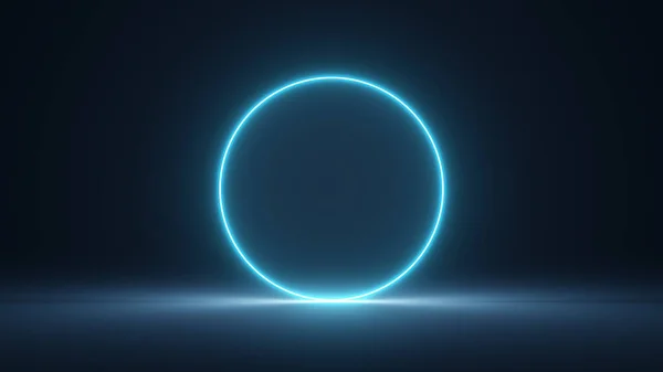 Neon Glowing Circle Stage Futuristic Sci Fi Dark Lights Blue Futuristic Empty Room Virtual Cyber Laser Beam 3D Rendering