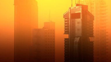 Kötü hava sabahında bilim kurgu binası, kirlilik bulutu şehri, küresel ısınma kavramını kapsıyor. 3d oluşturma