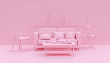Mobilyalar ve oda aksesuarlarıyla tek renkli pembe bir iç oda. Kopyalama alanı olan ışık arkaplanı. Web sayfası, sunum veya resim çerçevesi arkaplanı için 3B hazırlama.