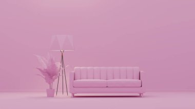 Kanepe, yer lambası, dekoratif vazo ve bitki içeren tek renkli açık pembe bir iç oda. Kopyalama alanı olan ışık arkaplanı. Web sayfası için 3B hazırlama, sunum arkaplanı