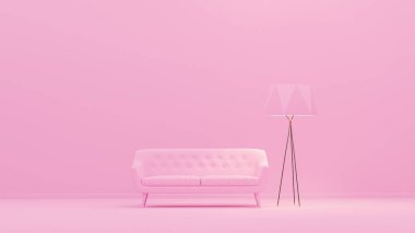 Tek renkli açık pembe renkli, tek sandalyeli ve zemin lambasıyla iç mekan. Kopyalama alanı olan ışık arkaplanı. Web sayfası için 3B hazırlama, sunum arkaplanı