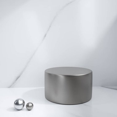 Çelik kürsü, ürün standı mermer zemin. 3B görüntüleme