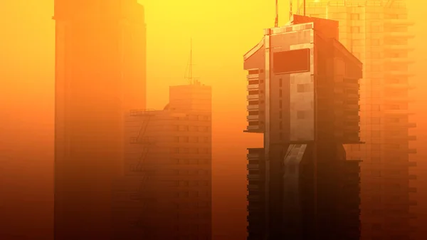 Sci-fi building in poor weather morning, haze of pollution covers city, global warming concept. 3d rendering