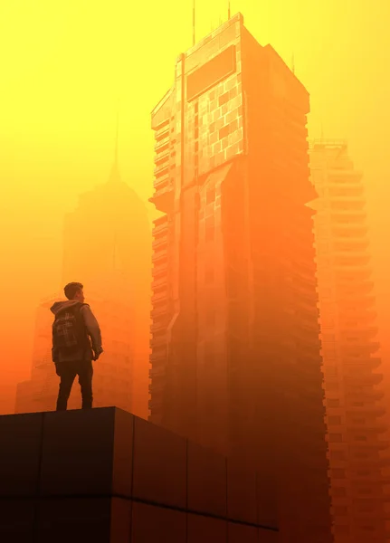 The boy standing on top, looks at sci-fi building with polluted orange air filling the future city. Haze of pollution covers city, global warming concept