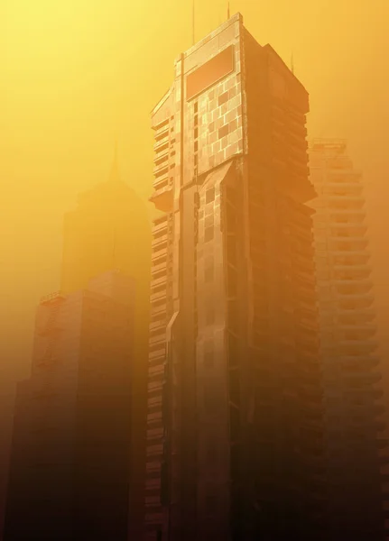 Misty future city building in orange fog. Haze of pollution covers city, global warming concept. 3d rendering