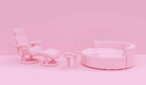 Creative interior design in pink studio with comfortable sofa. Modern living room minimal concept 3d render