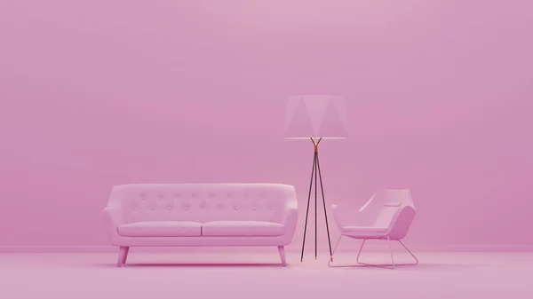 Room in plain monochrome light pink color with single armchair, sofa and floor lamp. Light background with copy space. 3D rendering for web page, presentation or picture background
