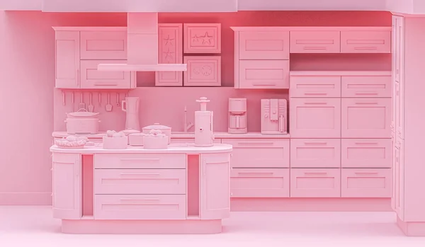 Interior Kitchen Plain Monochrome Pink Color Cabinet Kitchen Accessories Rendering — Stock Photo, Image