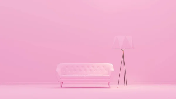 Interior room in plain monochrome light pink color with single chair and floor lamp. Light background with copy space. 3D rendering for web page, presentation background