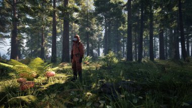 A man wear protective toxic mask in the jungle. Future earth environment pollution concept. 3d rendering