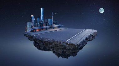 Fantasy floating island with modern city skyline at moon night. Asphalt road at center. Abstract idea and concept. clipart