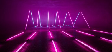 Neon Parıldayan Işıklar Sanal Mor Parlak Flüoresan Metro Işıkları Soyut Grunge Beton Tünel Odası Bilimci Fi Sahne Boş Gece Arkaplanı 3D