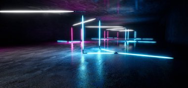 Karanlık bir koridorda parlayan bilim kurgu lambaları. Yerde ve duvarlarda yansımalar var. Merkezde boş bir arkaplan. 3D görüntü oluşturuluyor. Teknoloji fütürist geçmişi.