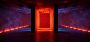 Boş bir koridor, eski bir tuğla duvar, neon ışıklar ve lambalar. Gece görüşü. Boş bir gösteri sahnesinin arkaplanı. 3B görüntüleme